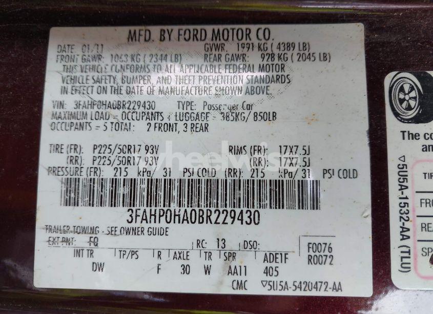 Photo 9 of 2011 Ford Fusion SE (VIN 3FAHP0HA0BR229430)