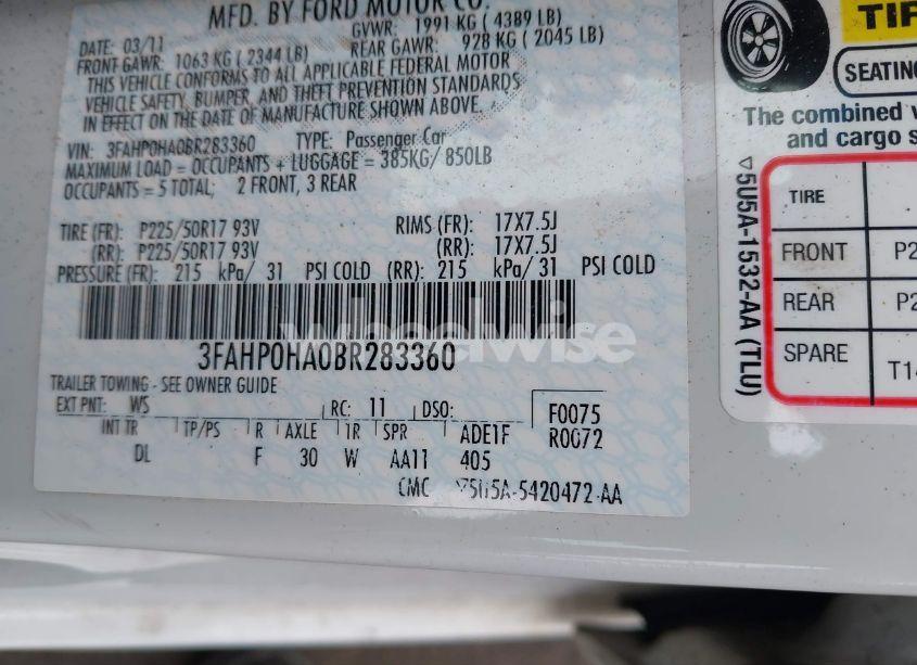 Photo 9 of 2011 Ford Fusion SE (VIN 3FAHP0HA0BR283360)