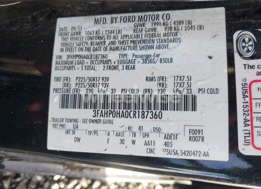 Photo 9 of 2012 Ford Fusion SE (VIN 3FAHP0HA0CR187360)