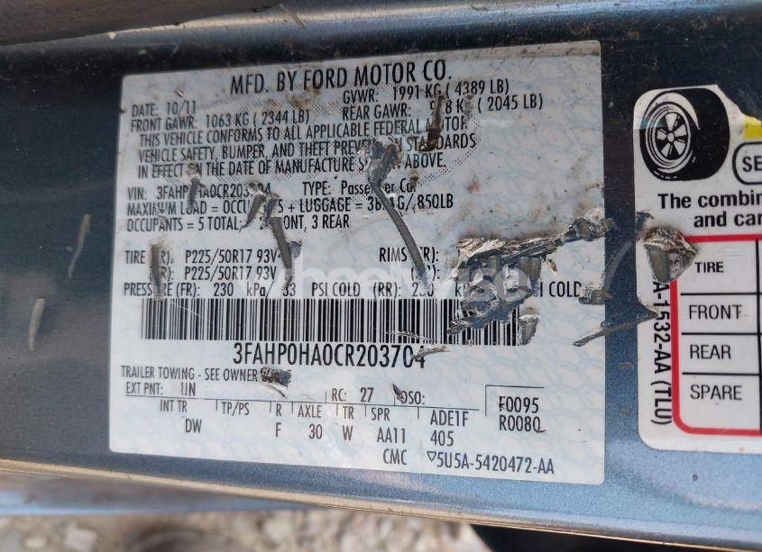 Photo 9 of 2012 Ford Fusion SE (VIN 3FAHP0HA0CR203704)