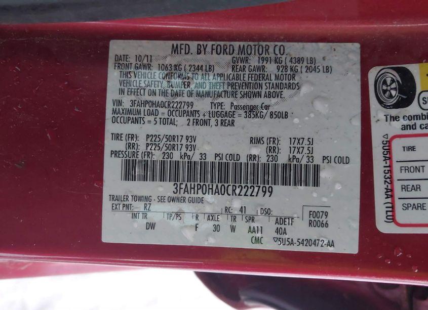 Photo 9 of 2012 Ford Fusion SE (VIN 3FAHP0HA0CR222799)