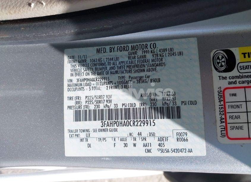 Photo 9 of 2012 Ford Fusion SE (VIN 3FAHP0HA0CR229915)