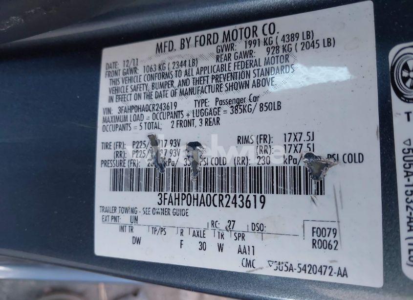 Photo 9 of 2012 Ford Fusion SE (VIN 3FAHP0HA0CR243619)