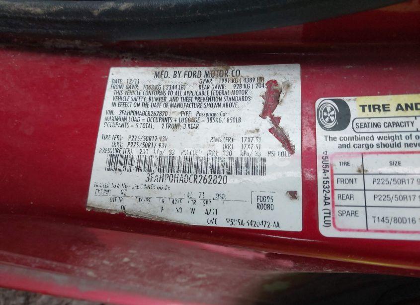 Photo 9 of 2012 Ford Fusion SE (VIN 3FAHP0HA0CR262820)