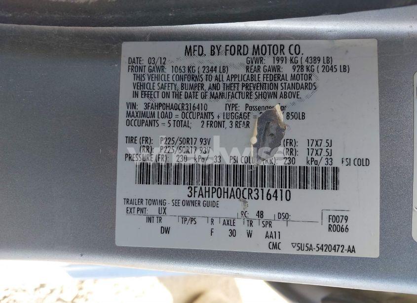 Photo 9 of 2012 Ford Fusion SE (VIN 3FAHP0HA0CR316410)