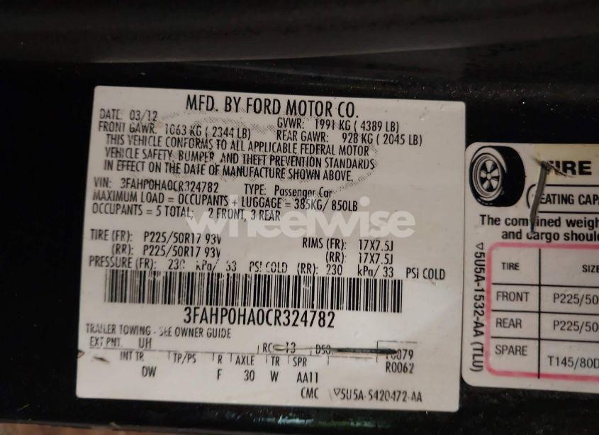 Photo 9 of 2012 Ford Fusion SE (VIN 3FAHP0HA0CR324782)