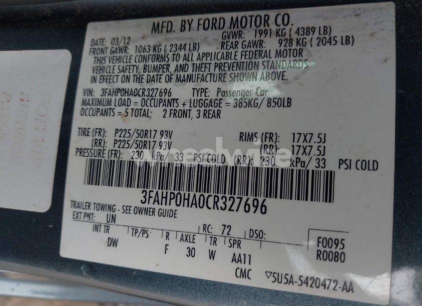 Photo 9 of 2012 Ford Fusion SE (VIN 3FAHP0HA0CR327696)