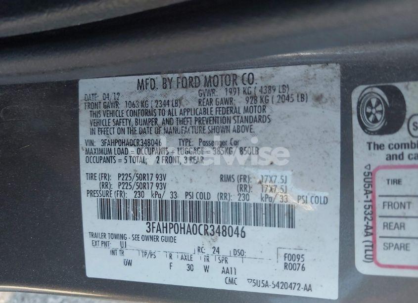 Photo 9 of 2012 Ford Fusion SE (VIN 3FAHP0HA0CR348046)