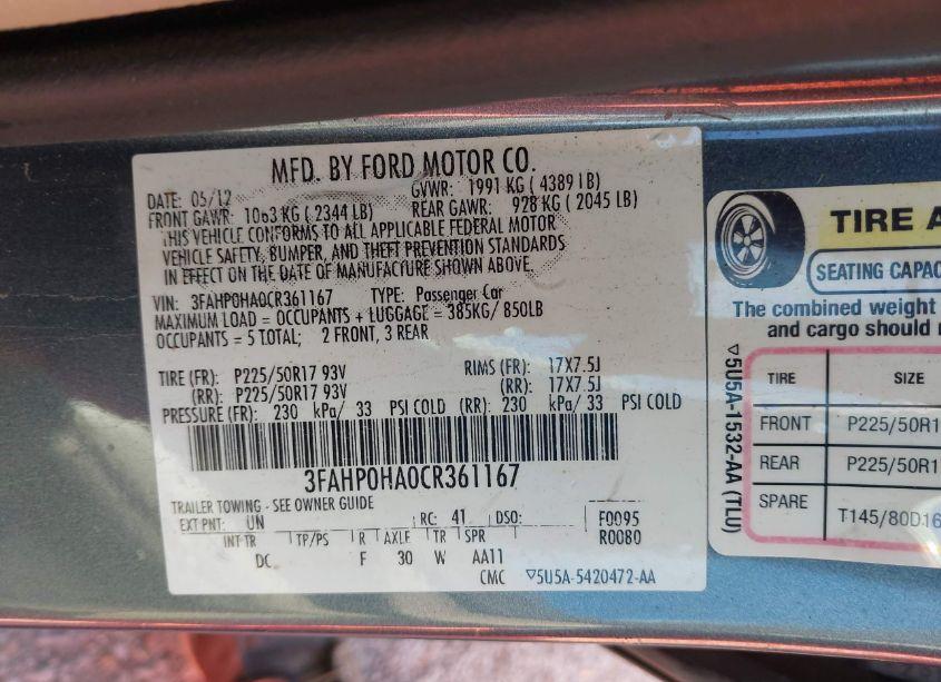 Photo 9 of 2012 Ford Fusion SE (VIN 3FAHP0HA0CR361167)