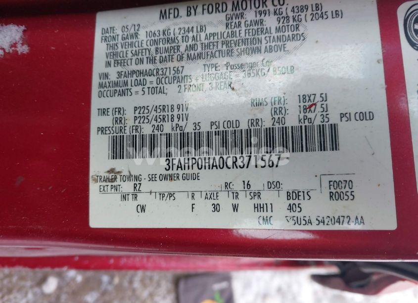 Photo 9 of 2012 Ford Fusion SE (VIN 3FAHP0HA0CR371567)