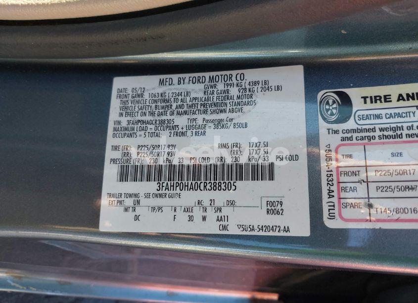 Photo 9 of 2012 Ford Fusion SE (VIN 3FAHP0HA0CR388305)