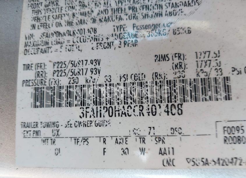 Photo 9 of 2012 Ford Fusion SE (VIN 3FAHP0HA0CR401408)