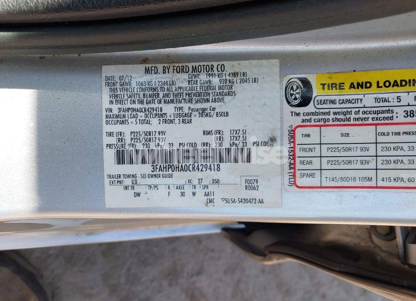 Photo 9 of 2012 Ford Fusion SE (VIN 3FAHP0HA0CR429418)