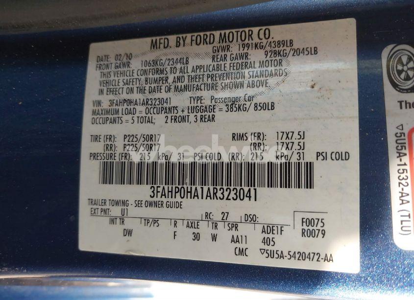 Photo 9 of 2010 Ford Fusion SE (VIN 3FAHP0HA1AR323041)