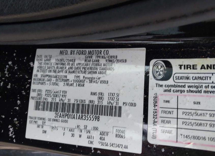 Photo 9 of 2010 Ford Fusion SE (VIN 3FAHP0HA1AR355598)