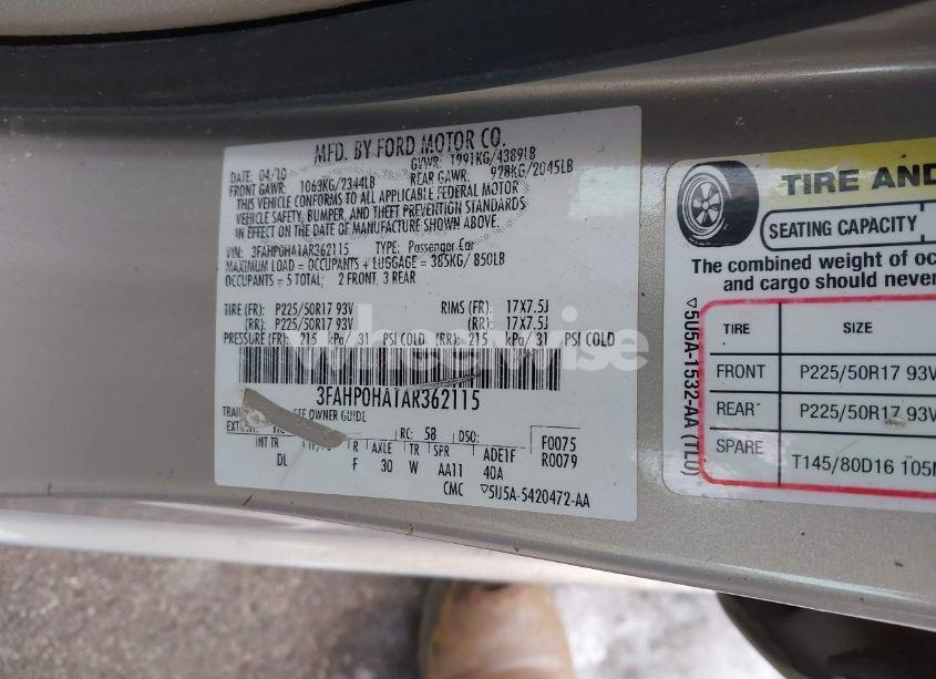 Photo 9 of 2010 Ford Fusion SE (VIN 3FAHP0HA1AR362115)