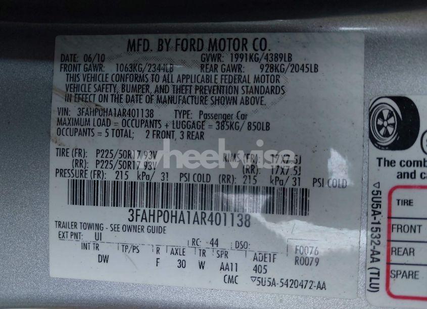 Photo 9 of 2010 Ford Fusion SE (VIN 3FAHP0HA1AR401138)