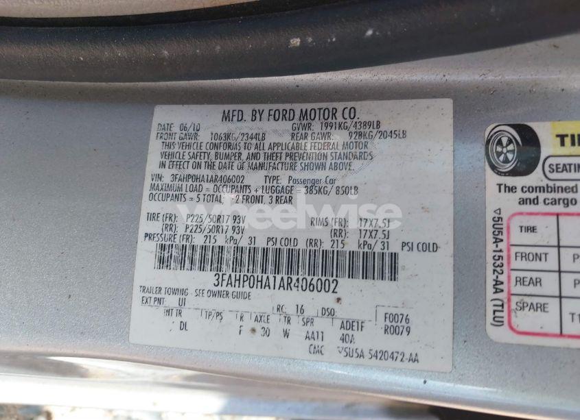 Photo 9 of 2010 Ford Fusion SE (VIN 3FAHP0HA1AR406002)