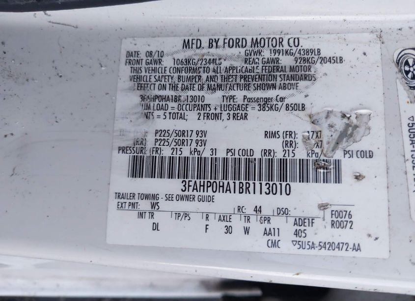 Photo 9 of 2011 Ford Fusion SE (VIN 3FAHP0HA1BR113010)