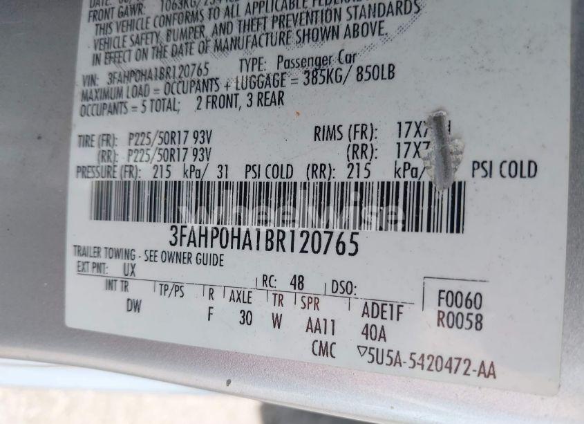 Photo 9 of 2011 Ford Fusion SE (VIN 3FAHP0HA1BR120765)