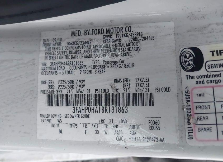 Photo 9 of 2011 Ford Fusion SE (VIN 3FAHP0HA1BR131863)