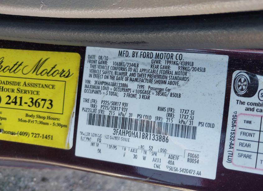 Photo 9 of 2011 Ford Fusion SE (VIN 3FAHP0HA1BR133886)