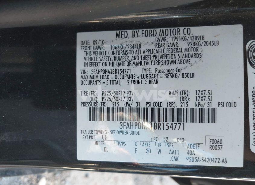 Photo 9 of 2011 Ford Fusion SE (VIN 3FAHP0HA1BR154771)