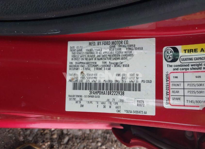 Photo 9 of 2011 Ford Fusion SE (VIN 3FAHP0HA1BR222938)