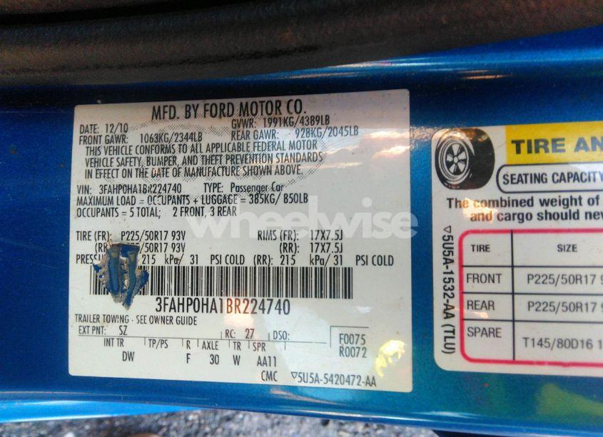 Photo 9 of 2011 Ford Fusion SE (VIN 3FAHP0HA1BR224740)