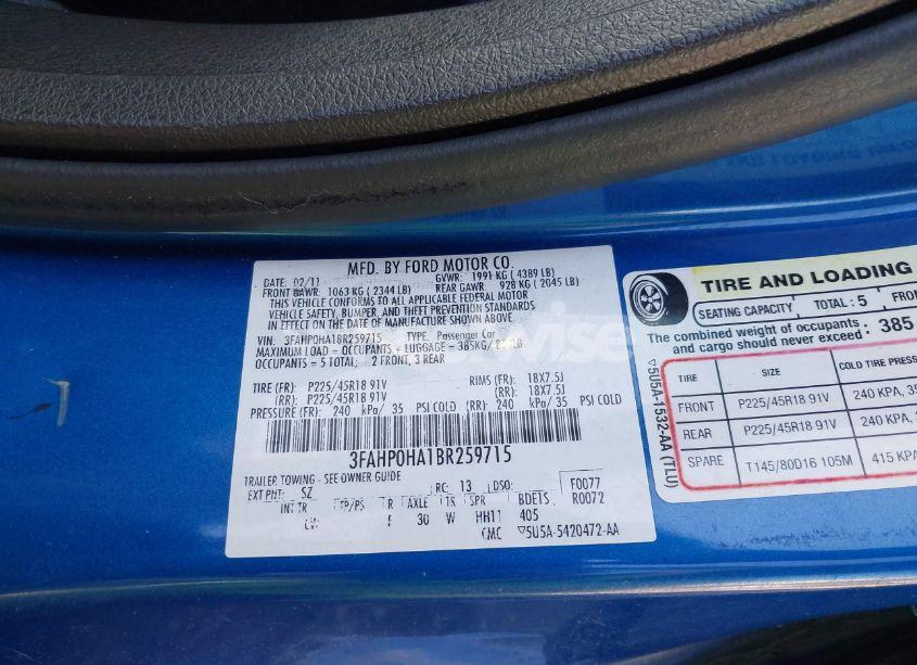 Photo 9 of 2011 Ford Fusion SE (VIN 3FAHP0HA1BR259715)