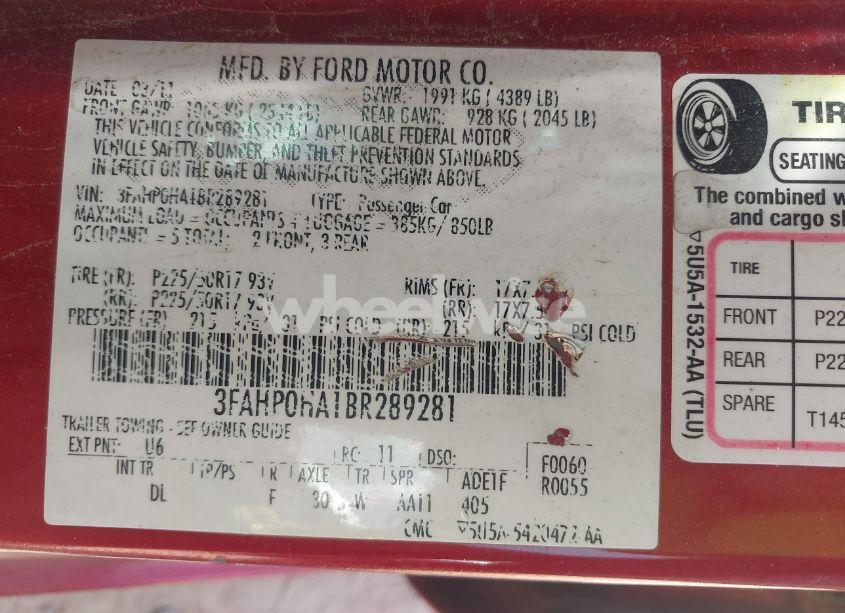 Photo 9 of 2011 Ford Fusion SE (VIN 3FAHP0HA1BR289281)