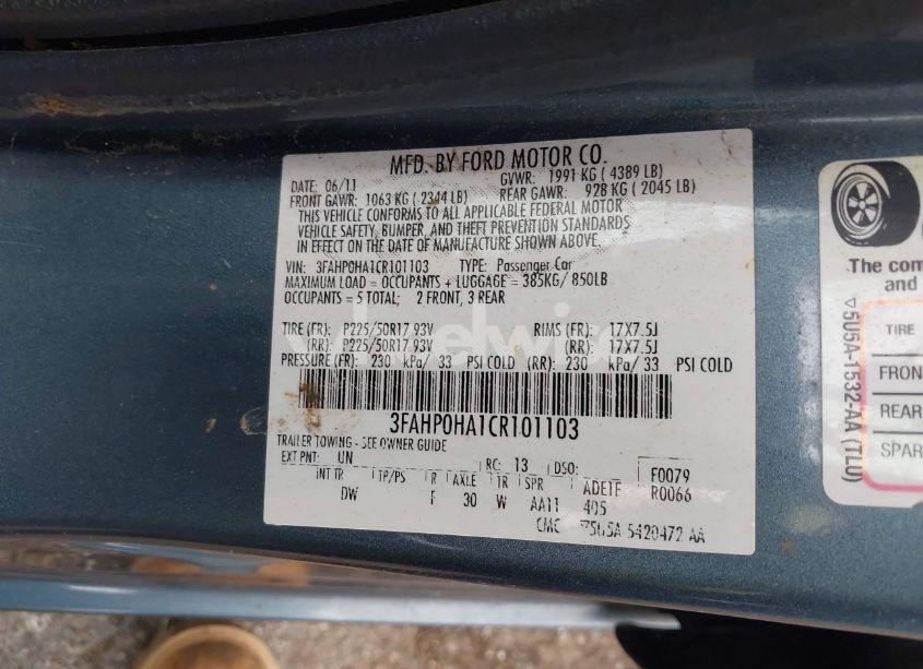 Photo 9 of 2012 Ford Fusion SE (VIN 3FAHP0HA1CR101103)