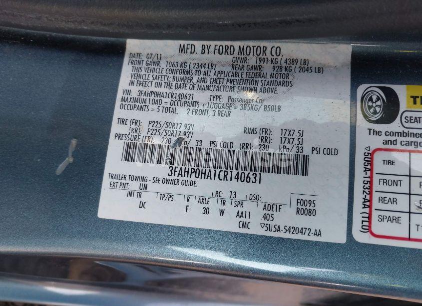 Photo 9 of 2012 Ford Fusion SE (VIN 3FAHP0HA1CR140631)