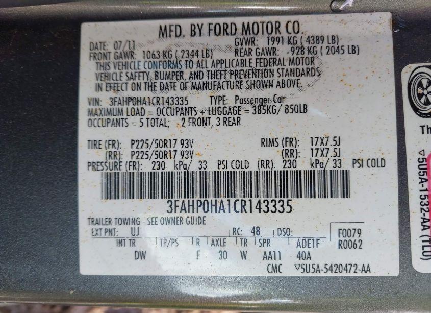 Photo 9 of 2012 Ford Fusion SE (VIN 3FAHP0HA1CR143335)