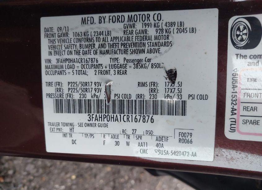 Photo 9 of 2012 Ford Fusion SE (VIN 3FAHP0HA1CR167876)