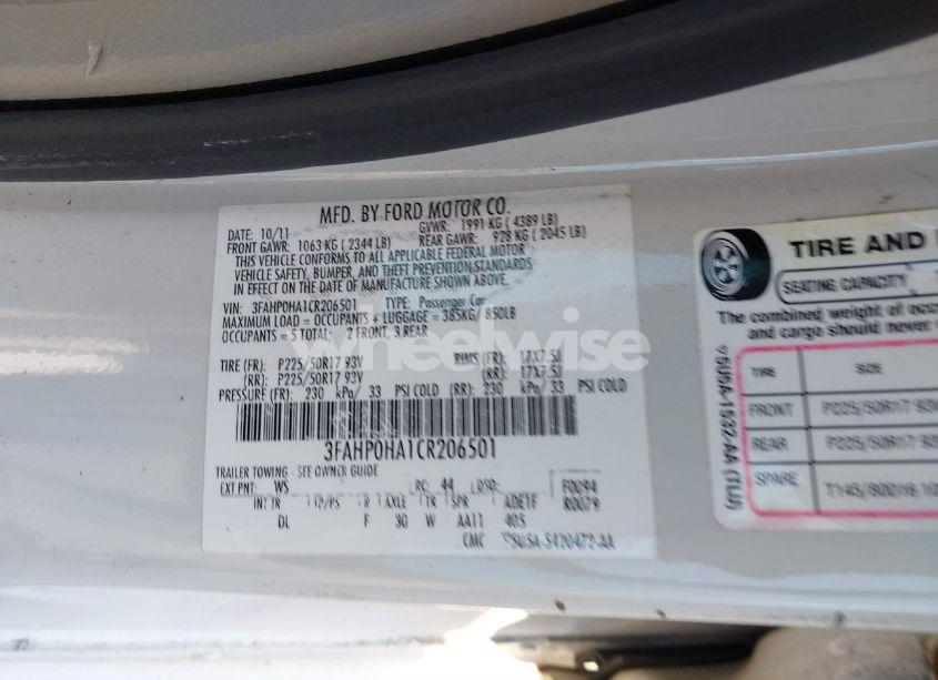 Photo 9 of 2012 Ford Fusion SE (VIN 3FAHP0HA1CR206501)