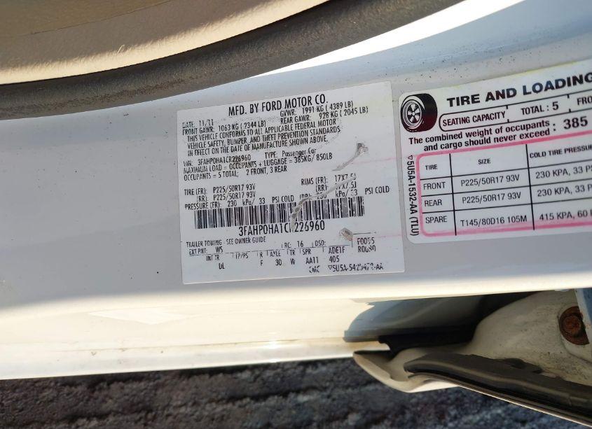 Photo 9 of 2012 Ford Fusion SE (VIN 3FAHP0HA1CR226960)