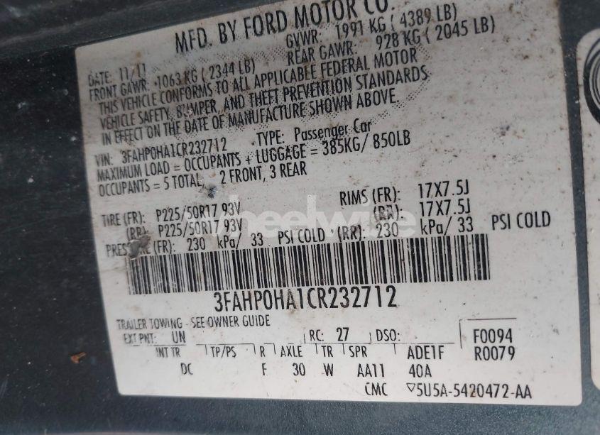 Photo 9 of 2012 Ford Fusion SE (VIN 3FAHP0HA1CR232712)