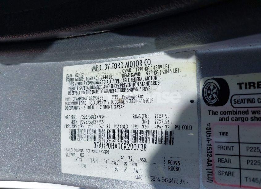 Photo 9 of 2012 Ford Fusion SE (VIN 3FAHP0HA1CR290738)