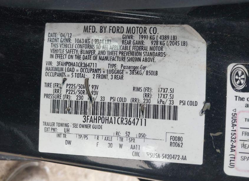 Photo 9 of 2012 Ford Fusion SE (VIN 3FAHP0HA1CR364711)