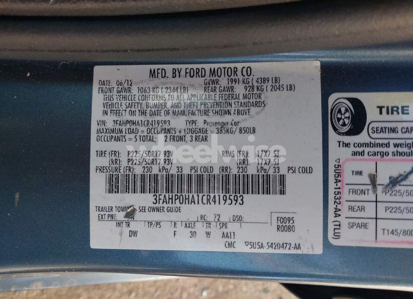 Photo 9 of 2012 Ford Fusion SE (VIN 3FAHP0HA1CR419593)