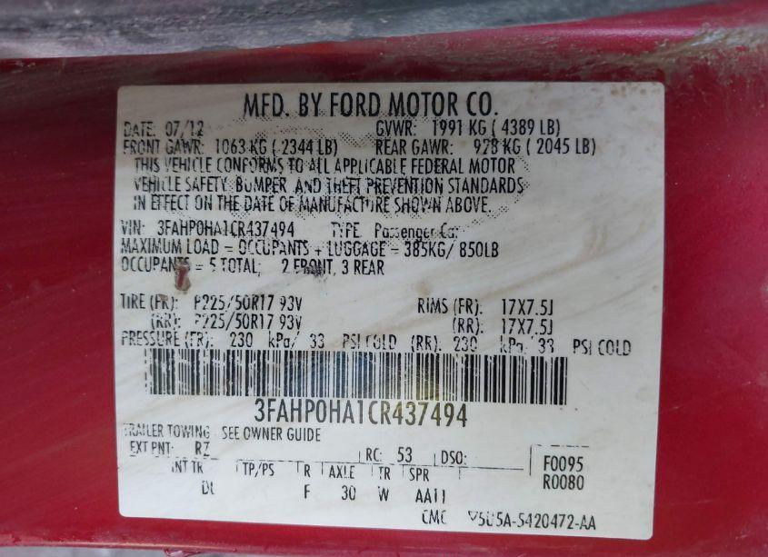 Photo 9 of 2012 Ford Fusion SE (VIN 3FAHP0HA1CR437494)