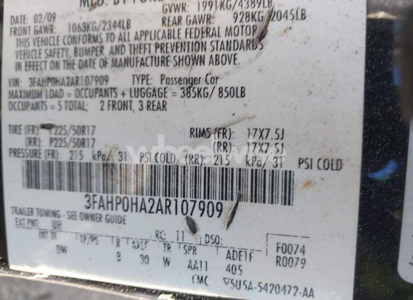 Photo 9 of 2010 Ford Fusion SE (VIN 3FAHP0HA2AR107909)