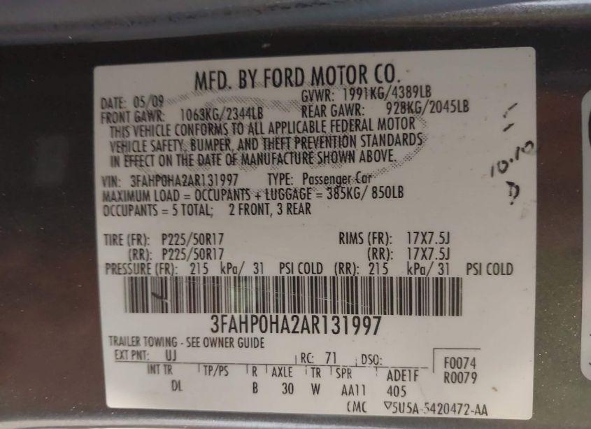 Photo 9 of 2010 Ford Fusion SE (VIN 3FAHP0HA2AR131997)