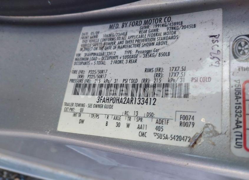 Photo 9 of 2010 Ford Fusion SE (VIN 3FAHP0HA2AR133412)