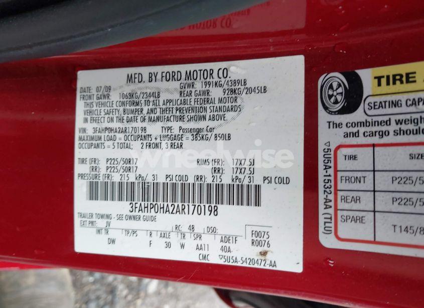 Photo 9 of 2010 Ford Fusion SE (VIN 3FAHP0HA2AR170198)