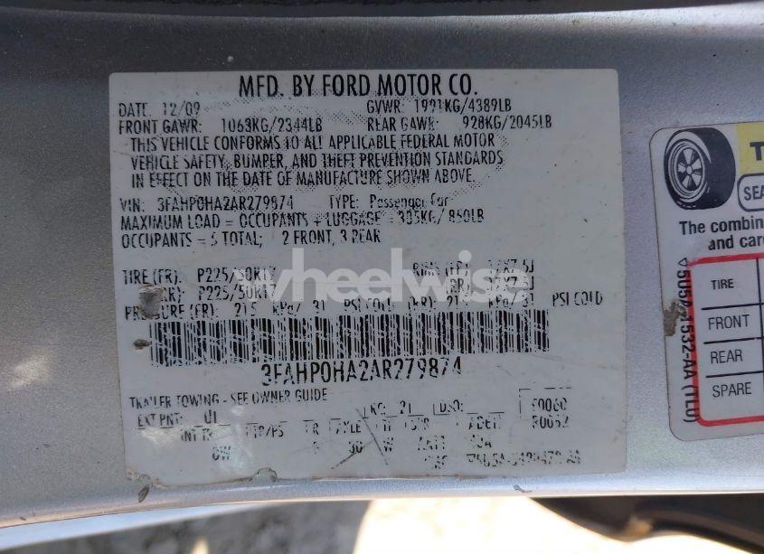 Photo 9 of 2010 Ford Fusion SE (VIN 3FAHP0HA2AR279874)