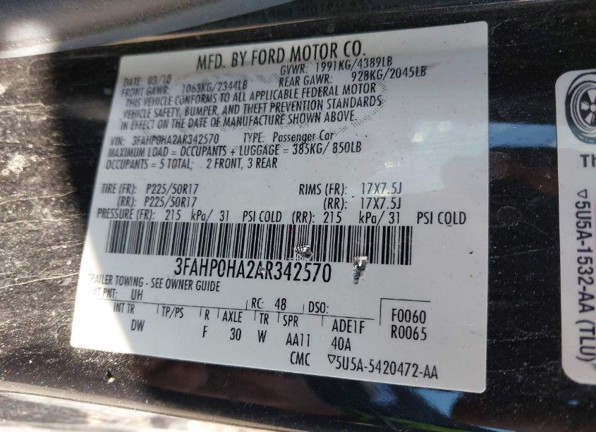 Photo 9 of 2010 Ford Fusion SE (VIN 3FAHP0HA2AR342570)