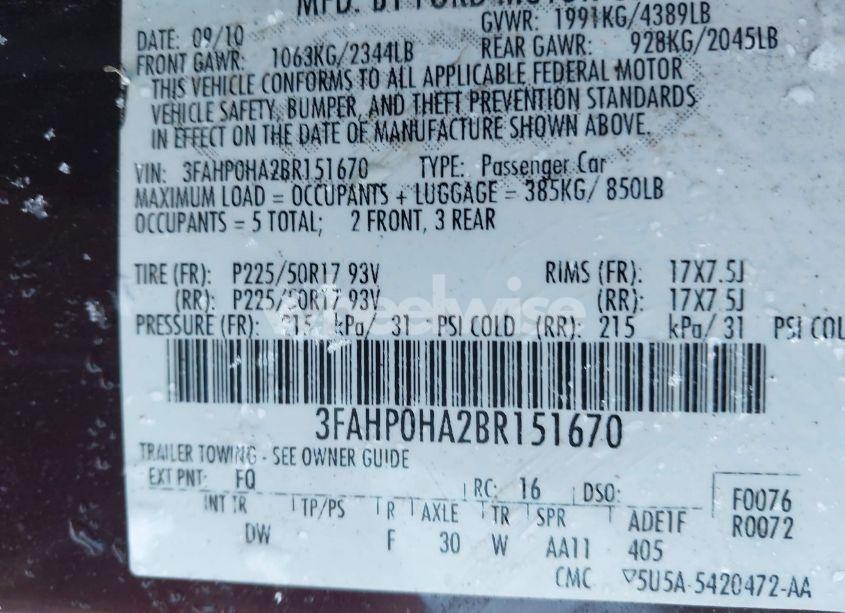 Photo 9 of 2011 Ford Fusion SE (VIN 3FAHP0HA2BR151670)