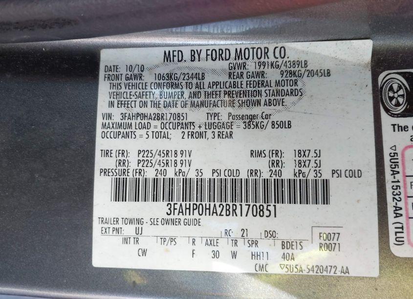 Photo 9 of 2011 Ford Fusion SE (VIN 3FAHP0HA2BR170851)